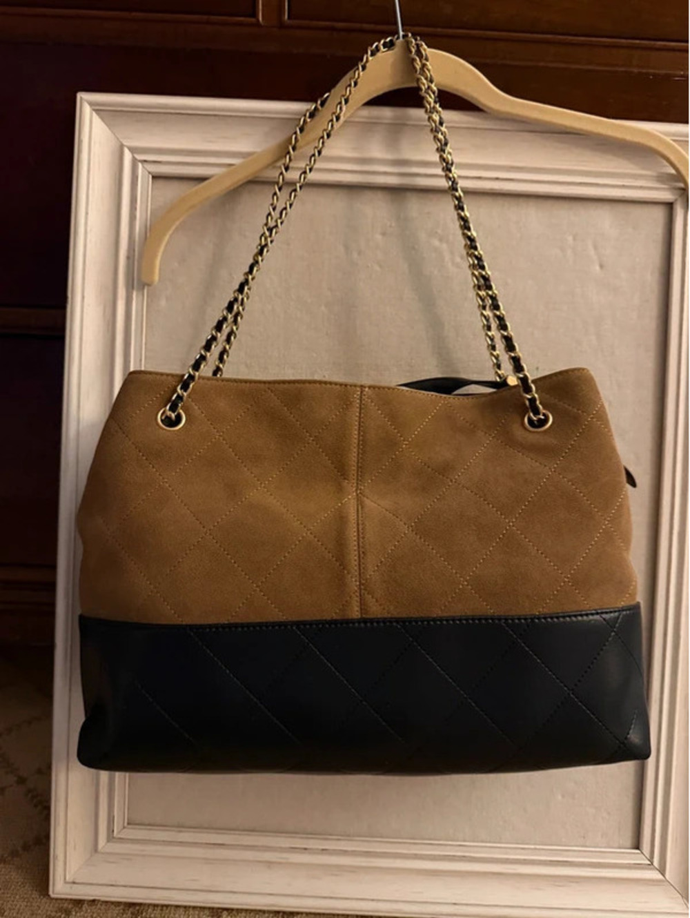 Brown sude and black leather quilted tote bag with gold hardware NWOT